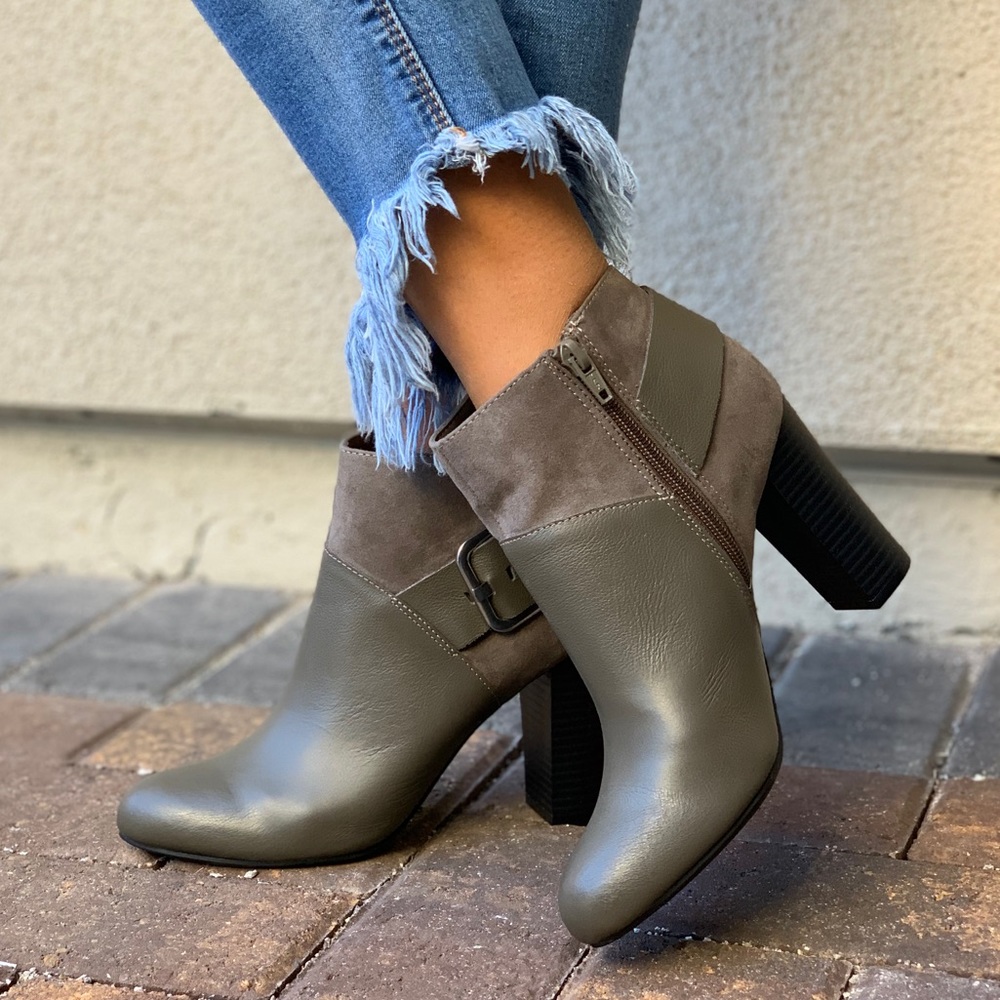 Olive Distressed Leather Chunky Heel Ankle Booties - Picture 6 of 8